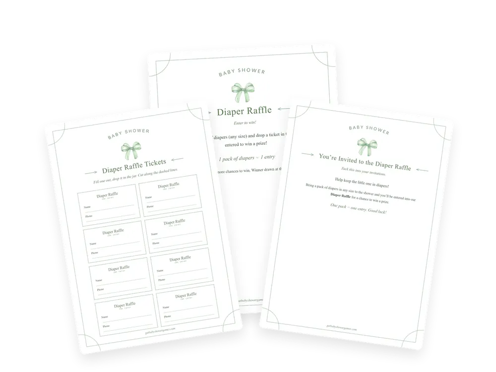 The complete printable Diaper Raffle Kit - sign, tear-off tickets and an invitation insert, included free with the Ultimate Kit