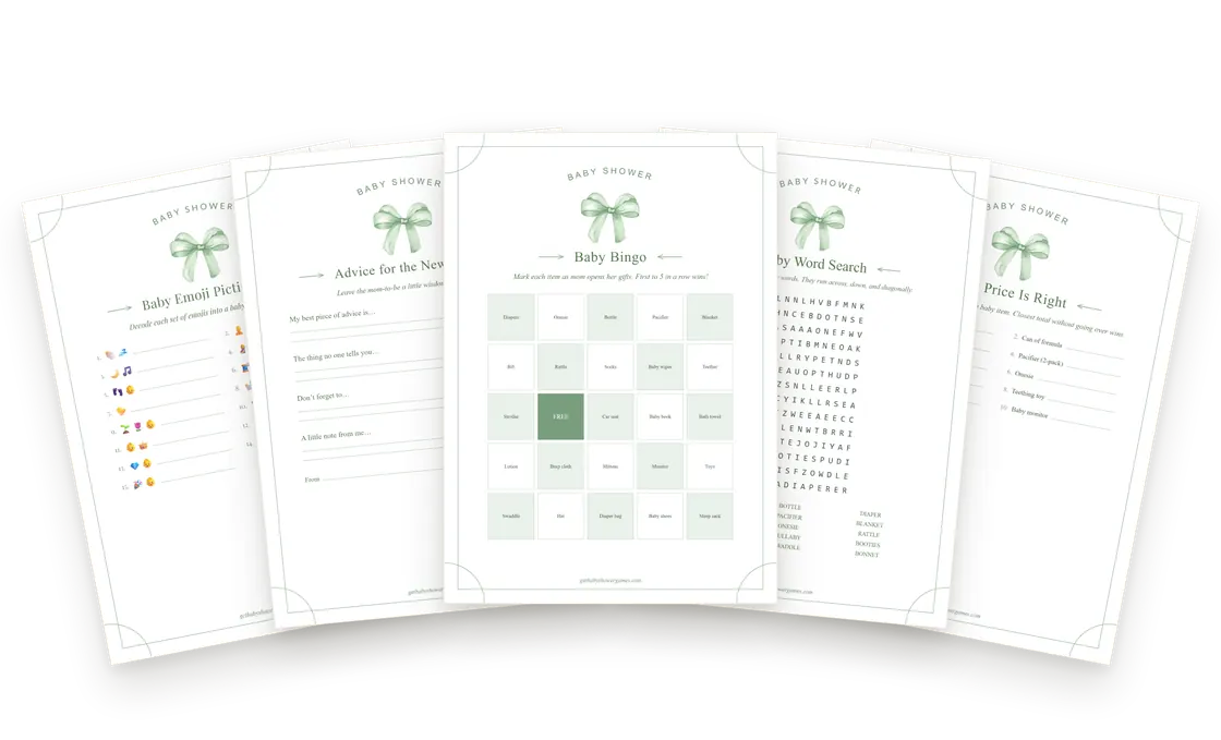 Five free printable baby shower games fanned out