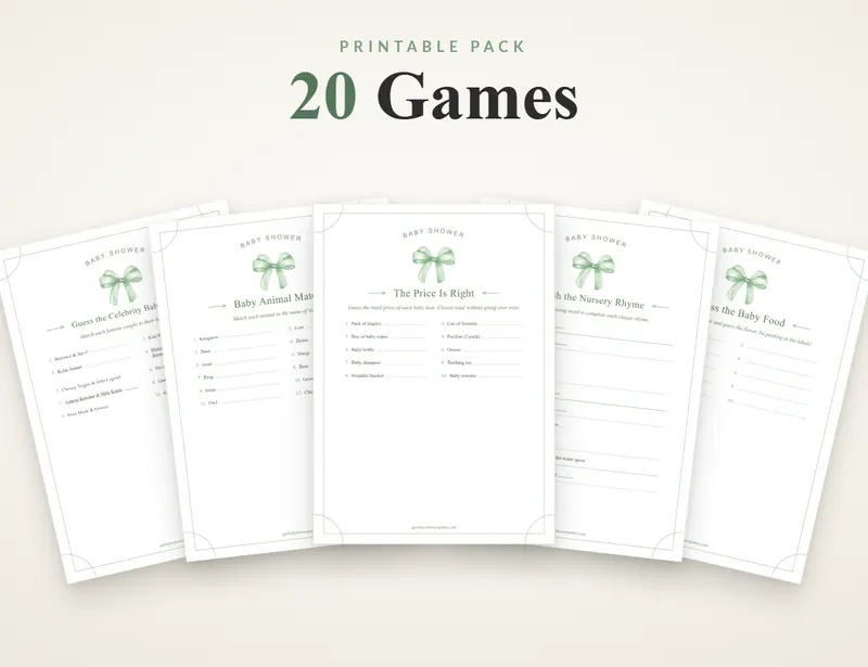 The Baby Shower Games Pack, 20 printable games in the neutral sage theme