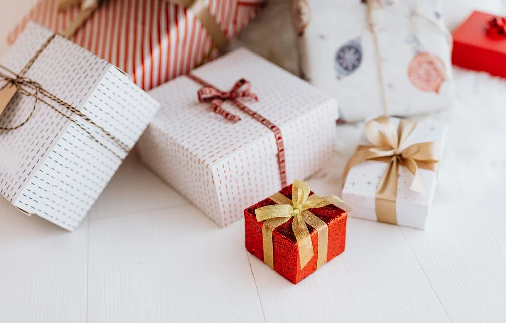 Wrapped gifts and party favors on a table
