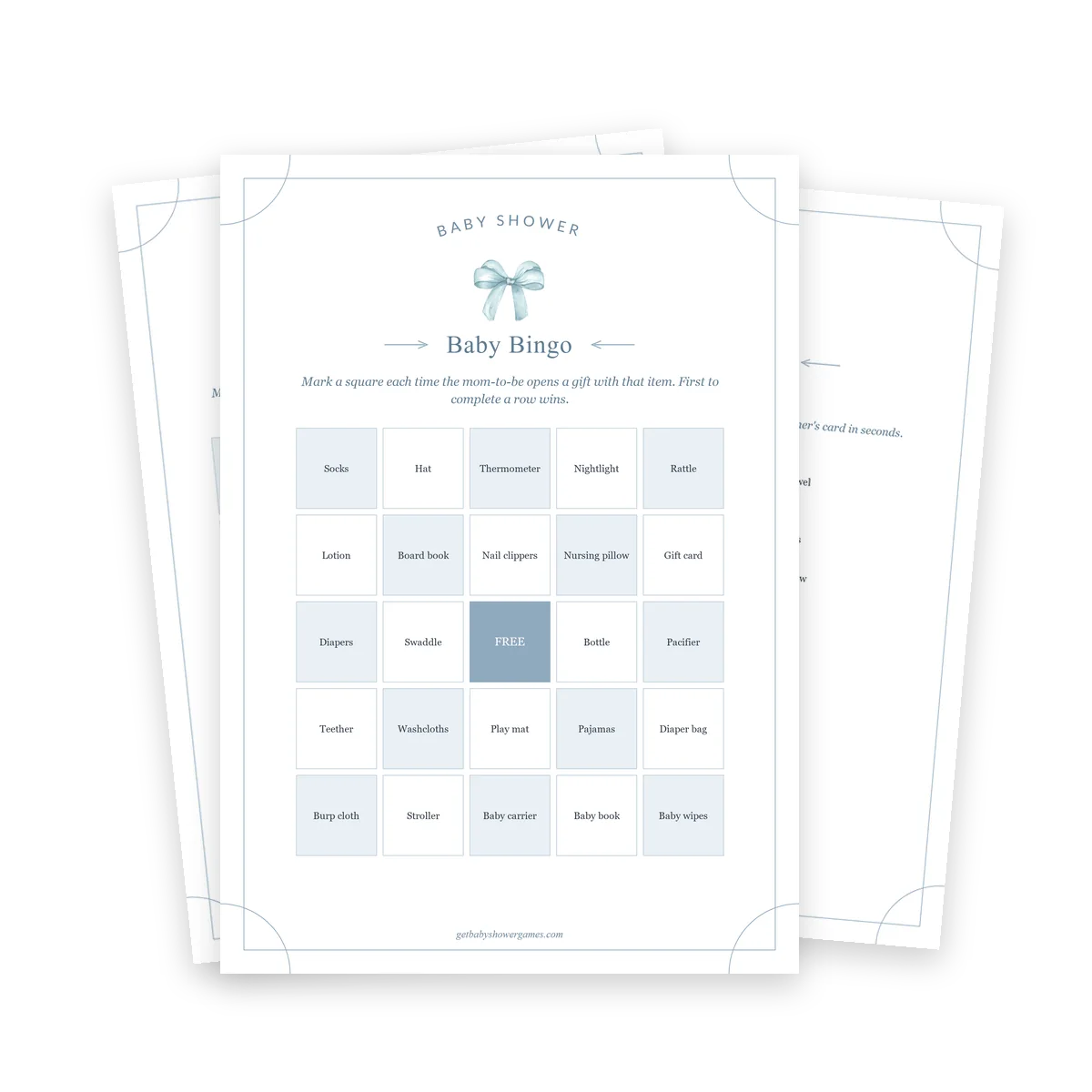 Blue baby shower bingo cards with the host checklist