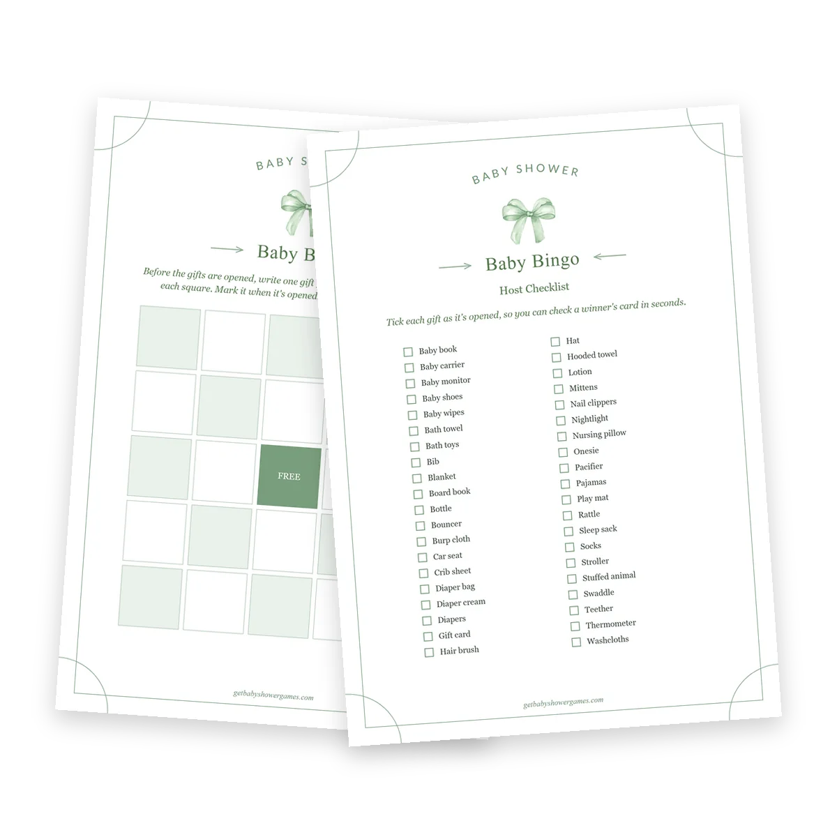 The blank bingo card and the host checklist of 40 baby gifts