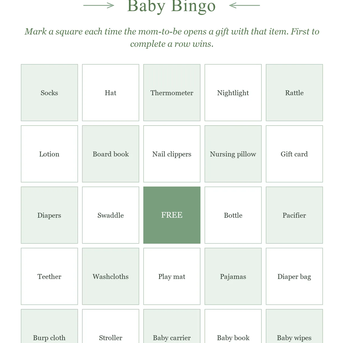 Close-up of a baby shower bingo card: 24 baby gifts and a FREE center square