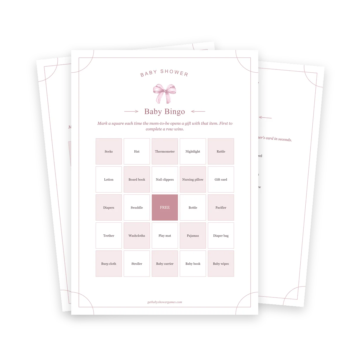 Pink baby shower bingo cards with the host checklist