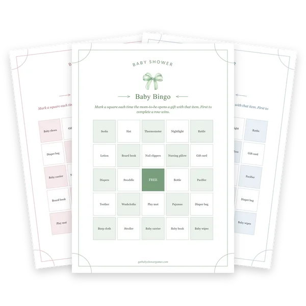 Baby shower bingo cards in sage, pink and blue