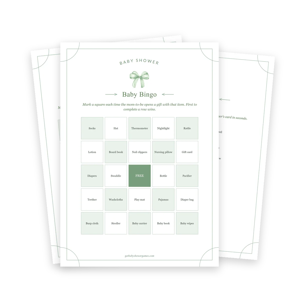 Sage baby shower bingo cards with the host checklist