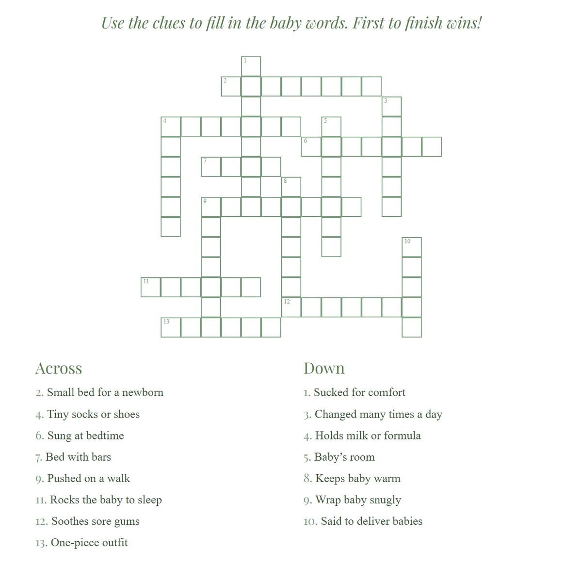 Close-up of the Baby Shower Crossword guest card