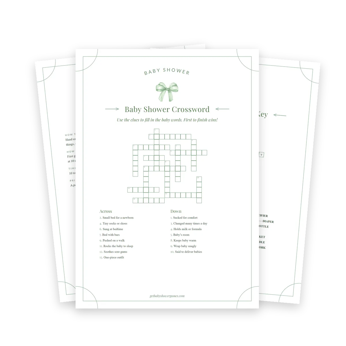 Baby Shower Crossword game in the sage theme