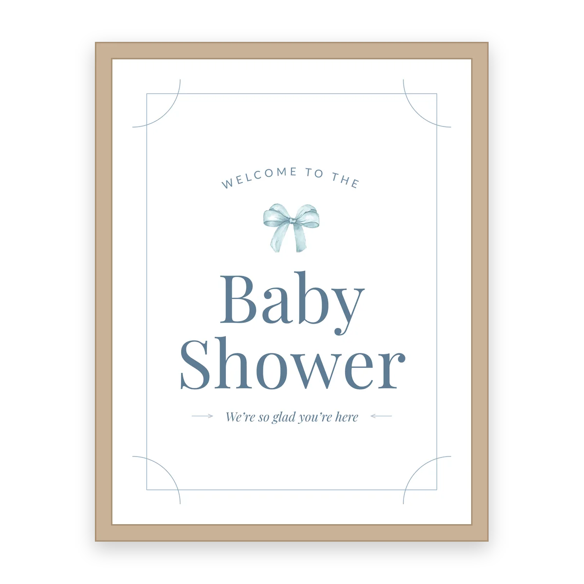 Blue Welcome to the Baby Shower sign in a frame