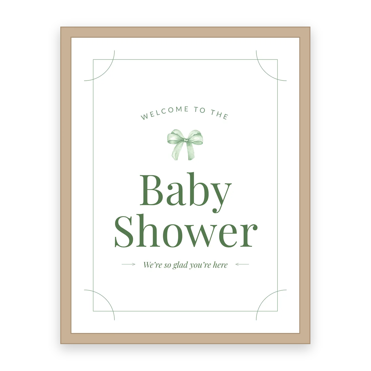 Sage Welcome to the Baby Shower sign in a frame