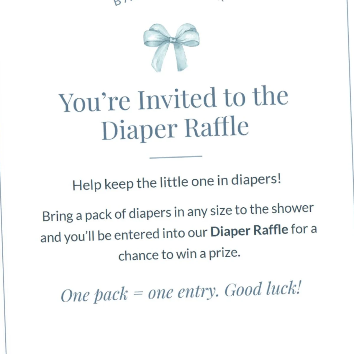 Close-up of the card: You're Invited to the Diaper Raffle, one pack = one entry