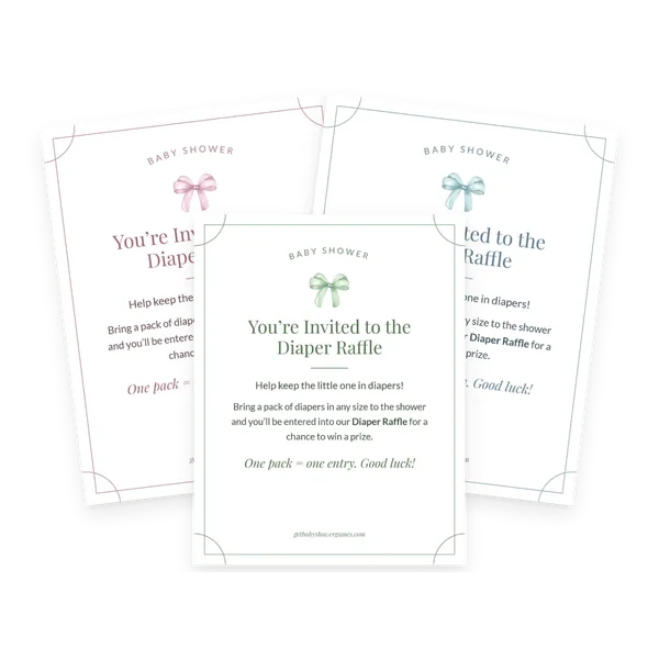 Printable diaper raffle cards in sage, pink and blue