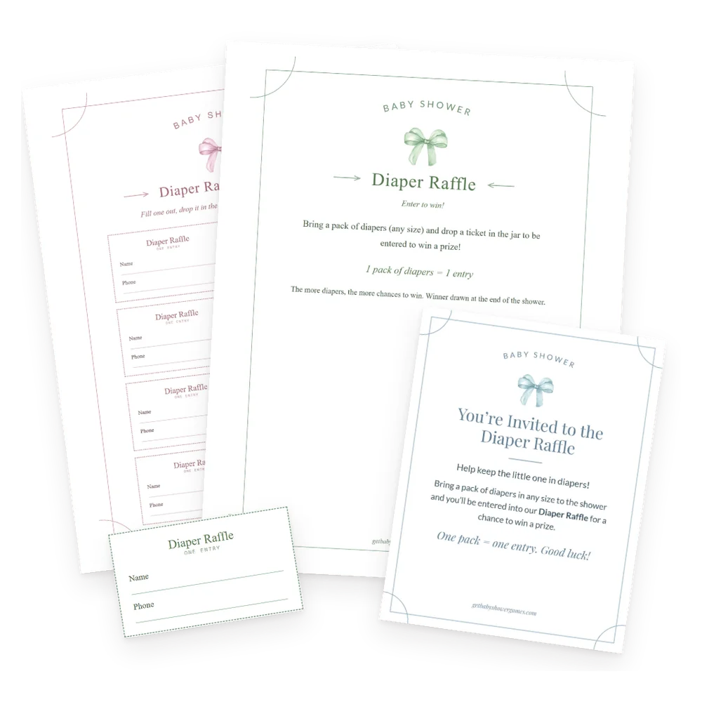 The Diaper Raffle Kit included in the Ultimate Kit: sign, tickets and invitation insert