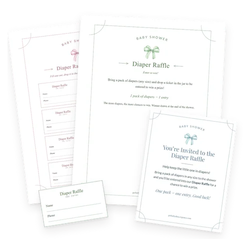 Printable diaper raffle sign, tickets and cards