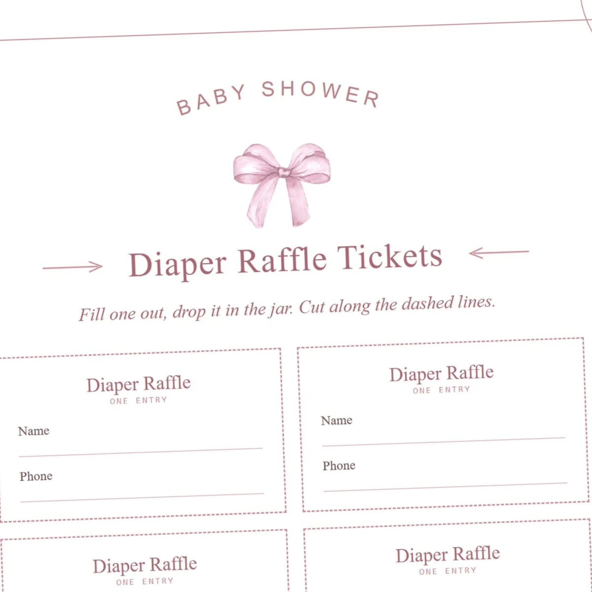 Close-up of the tickets: Diaper Raffle, One Entry, name and phone lines