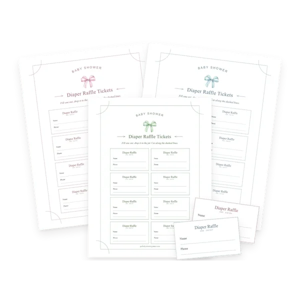 Printable diaper raffle tickets in sage, pink and blue