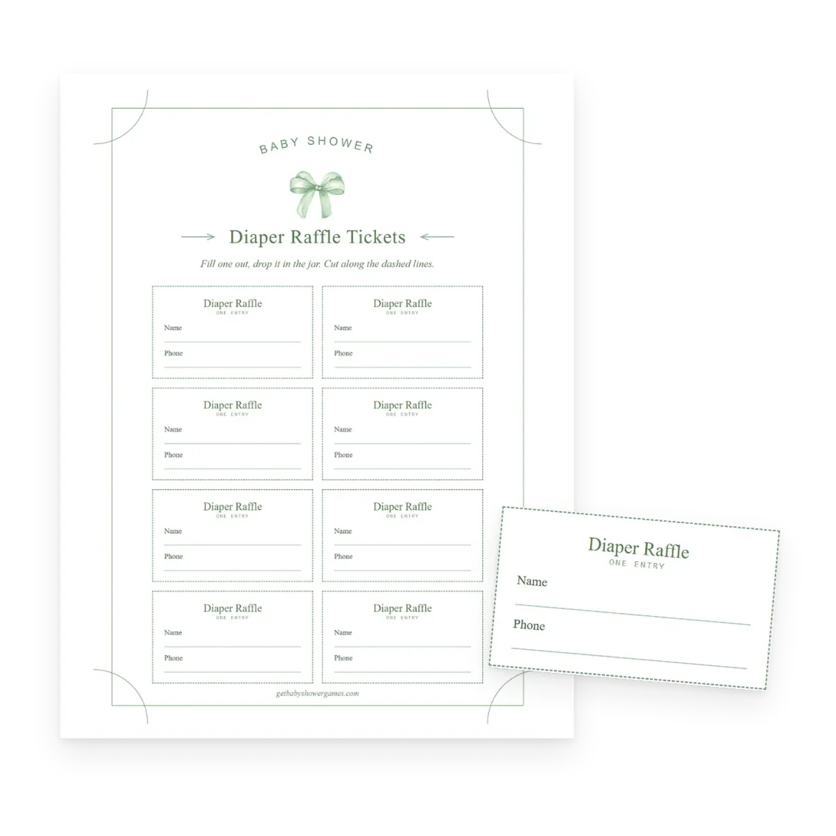 Diaper raffle tickets, sage theme