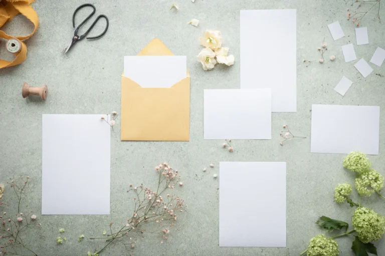 Blank diaper raffle insert cards and a kraft envelope on a sage table with dried flowers