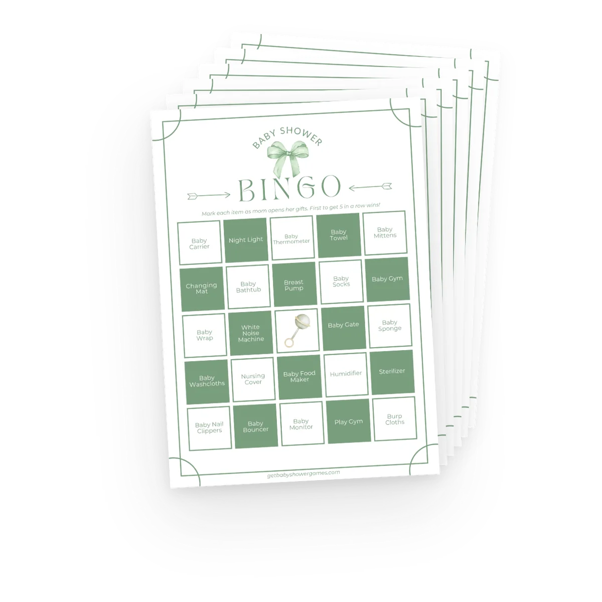 A stack of printed Baby Bingo cards from the Games Pack