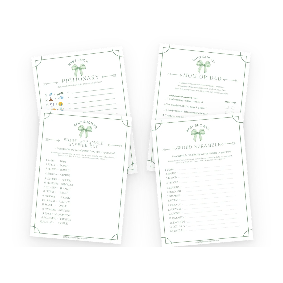 Four printable games from the Pack: Emoji Pictionary, Mom or Dad, Word Scramble and more