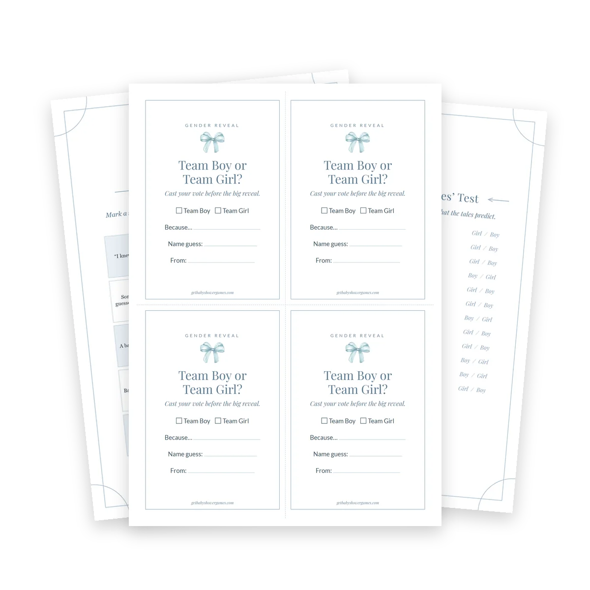 Blue gender reveal vote cards, Old Wives' Test and bingo card