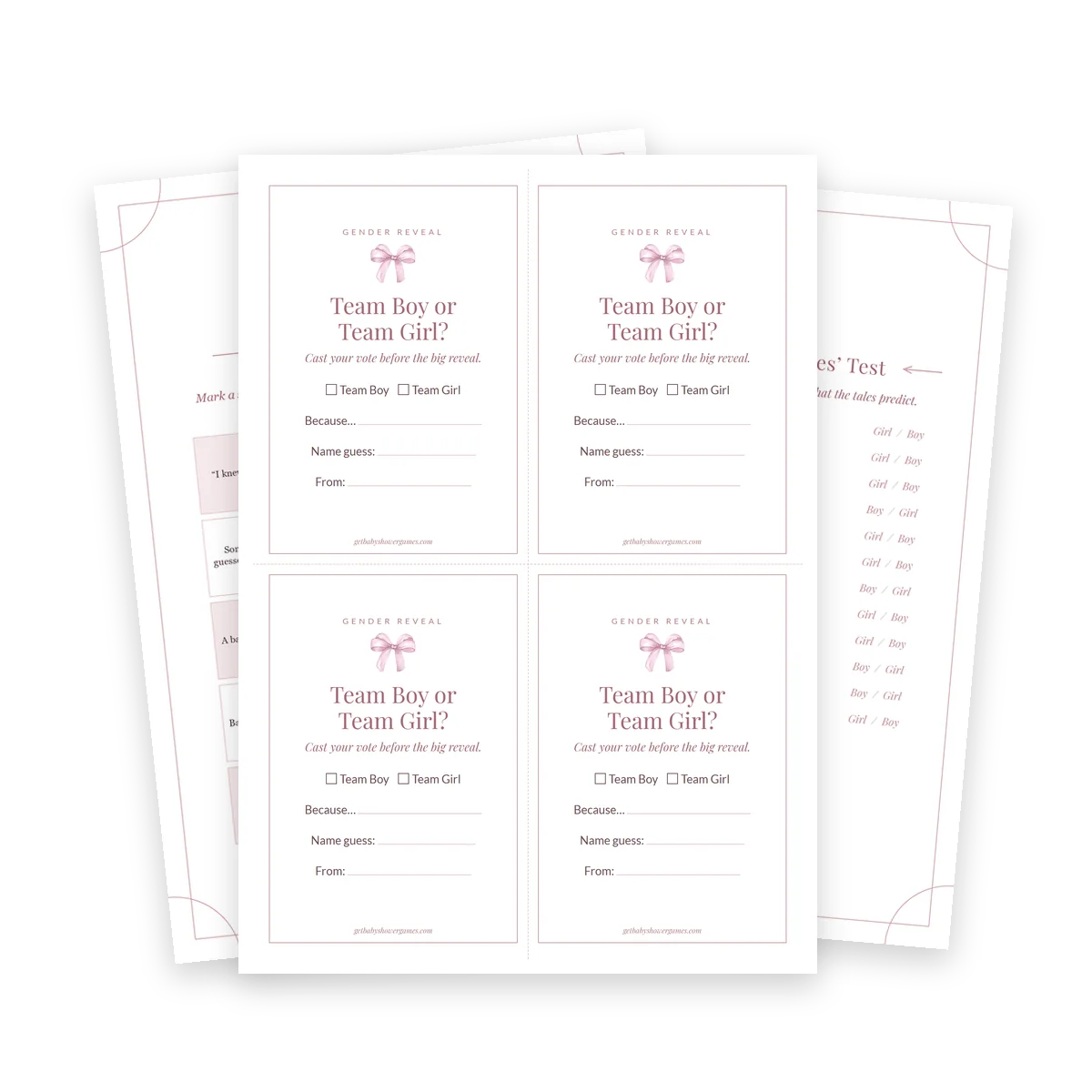 Pink gender reveal vote cards, Old Wives' Test and bingo card