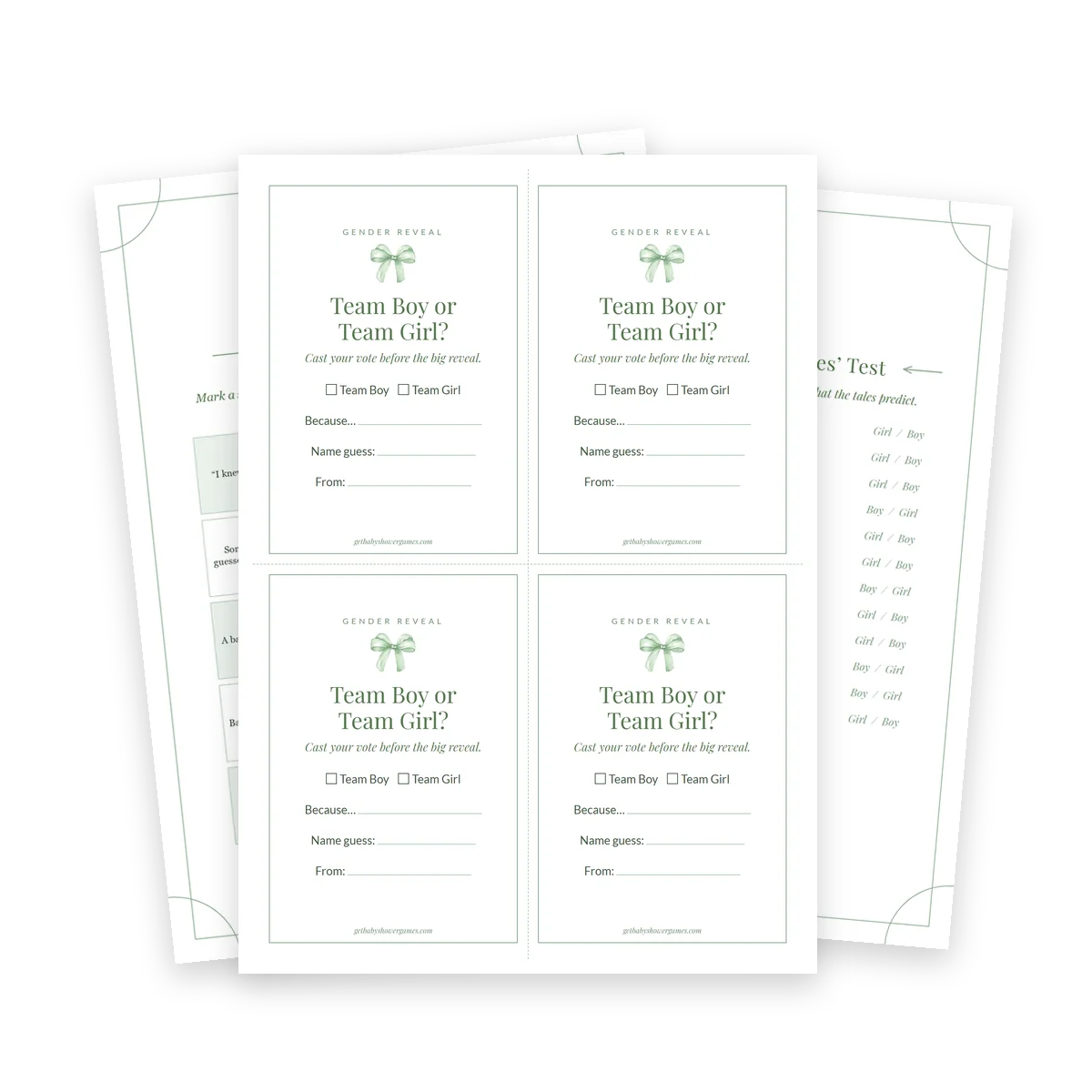 Sage gender reveal vote cards, Old Wives' Test and bingo card