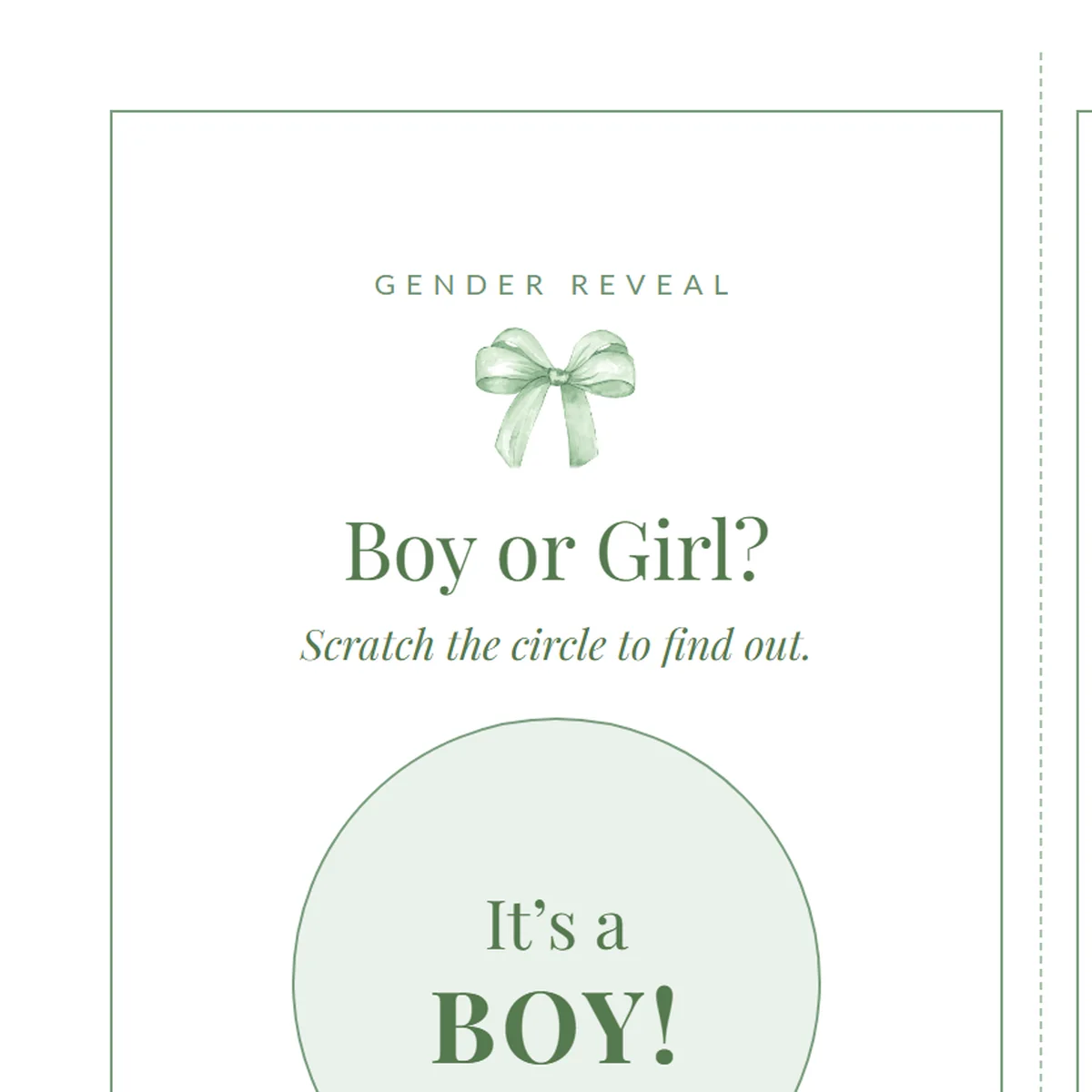 Close-up of a scratch-off gender reveal card that says It's a Boy