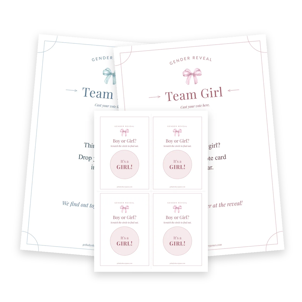 Team Boy and Team Girl jar signs with the scratch-off reveal cards