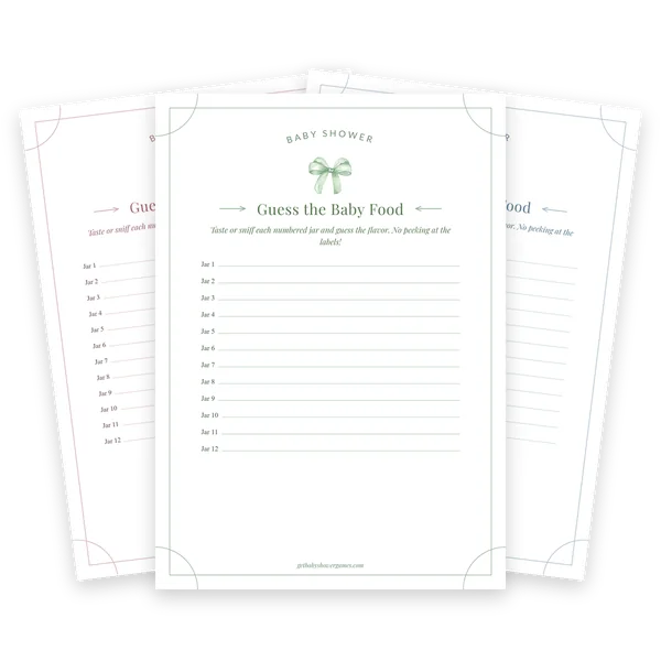Guess the Baby Food game in sage, pink and blue