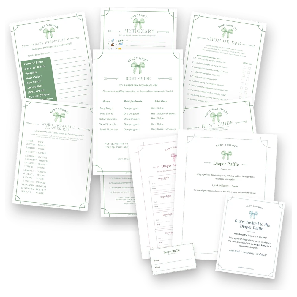 The Ultimate Baby Shower Party Kit: printable games with Host Guides plus the Diaper Raffle Kit sign, tickets and cards