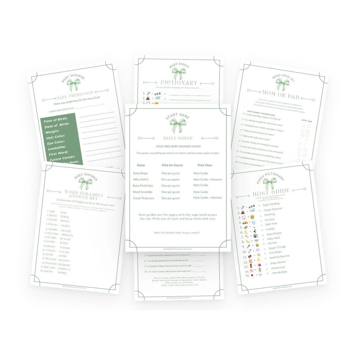 Six printable games from the Ultimate Kit laid out together