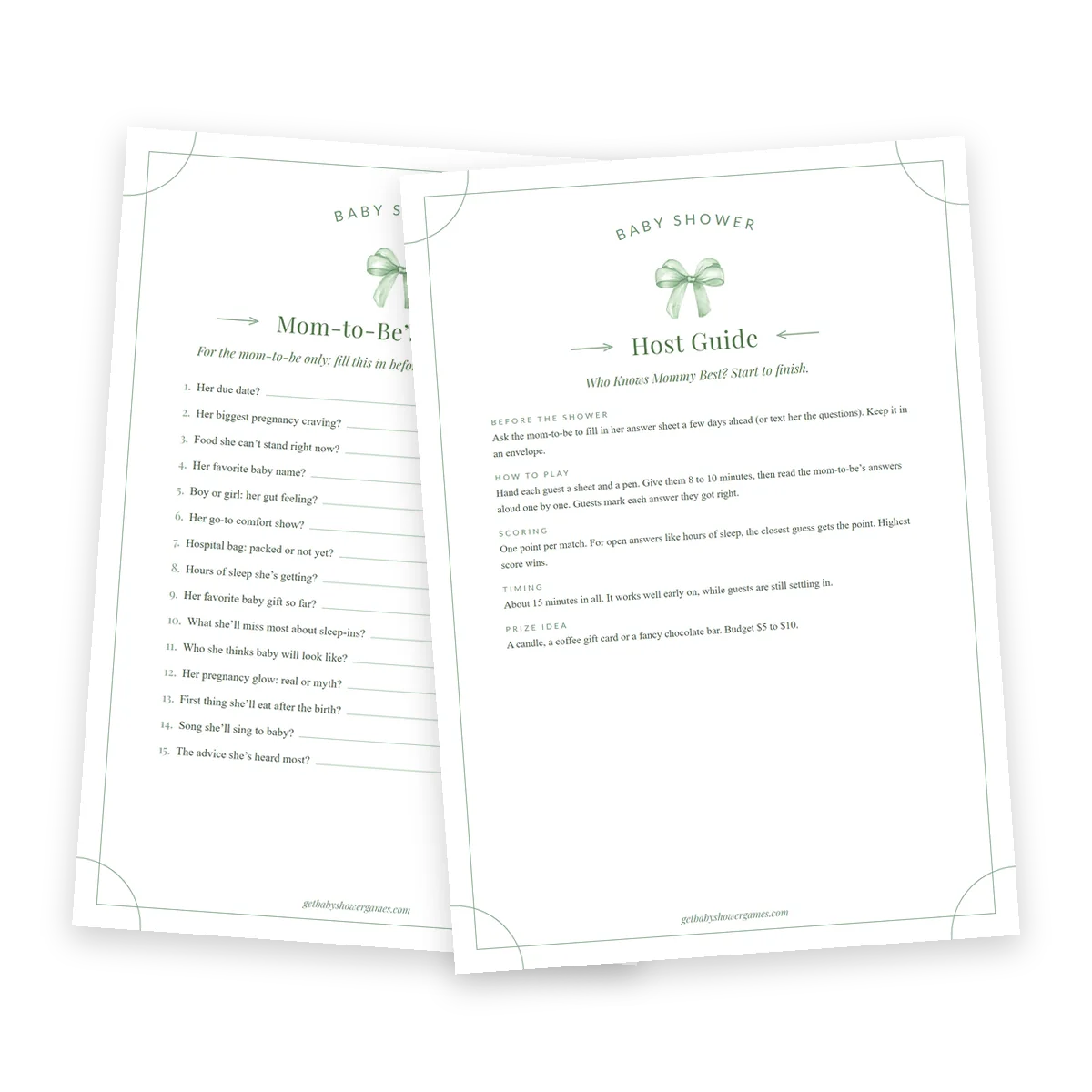 The mom-to-be answer sheet and the Host Guide